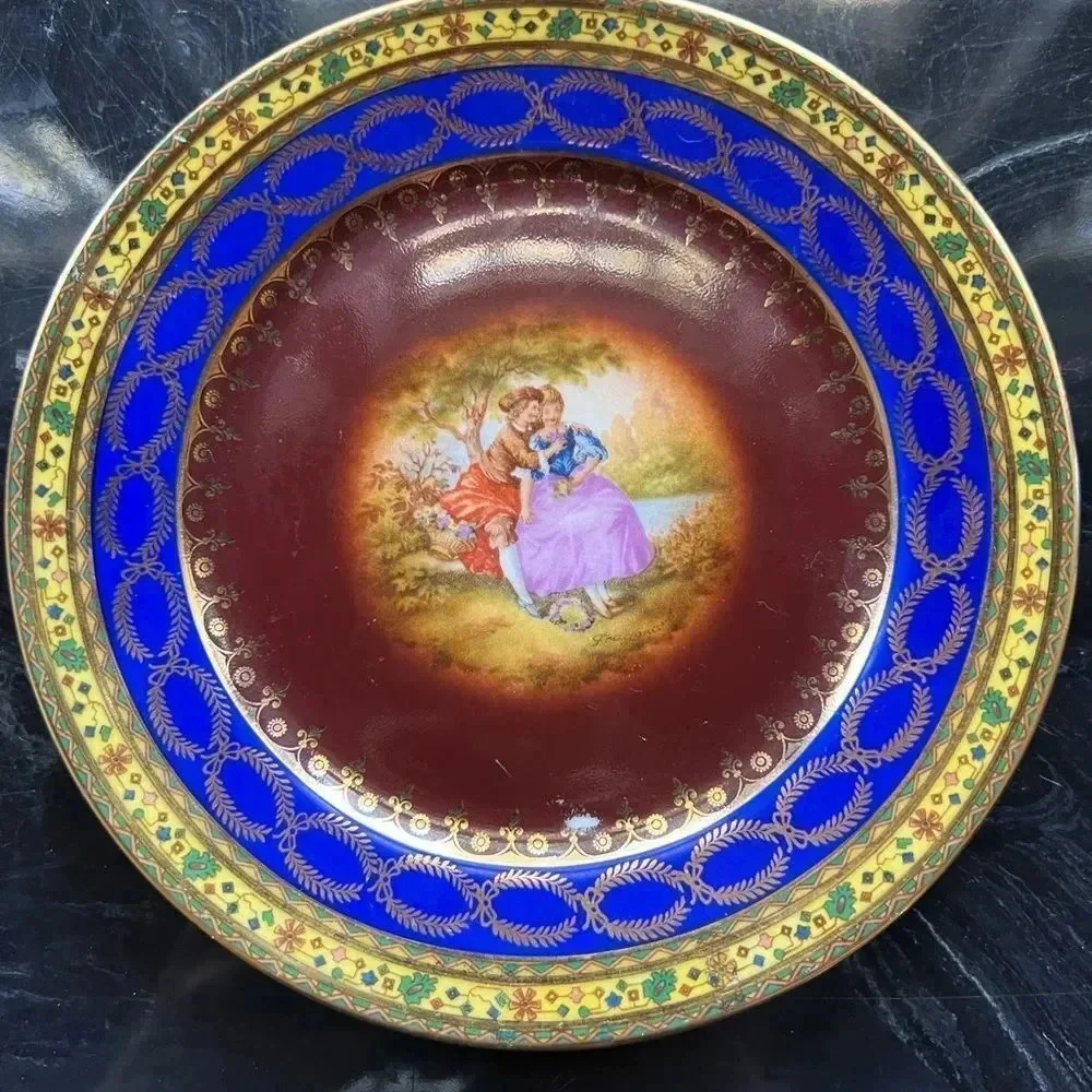 Vintage JK Carlsbad Colonial Blue And Gold China Decorative Plate 6.5” x 6.5”